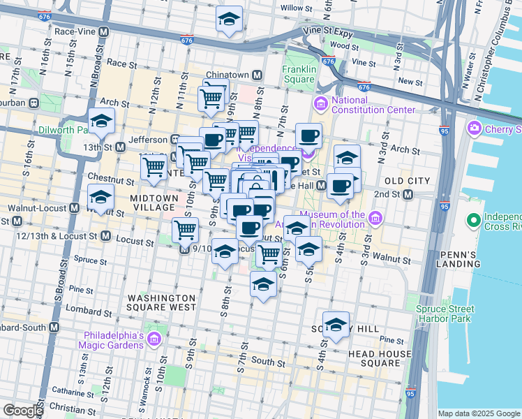 map of restaurants, bars, coffee shops, grocery stores, and more near 706 Chestnut Street in Philadelphia