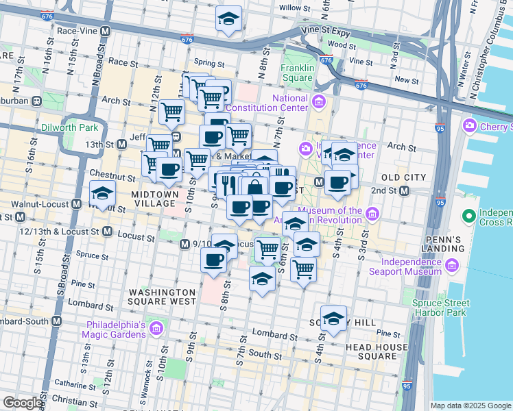 map of restaurants, bars, coffee shops, grocery stores, and more near 729 Sansom Street in Philadelphia