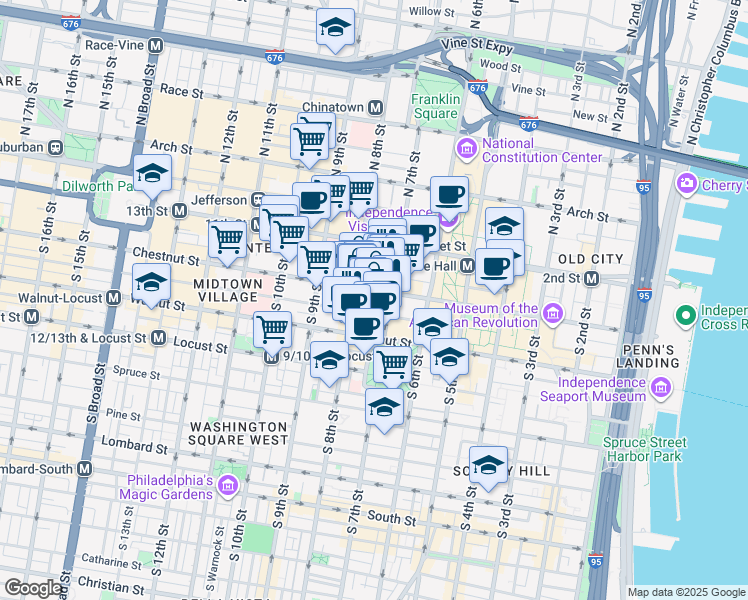 map of restaurants, bars, coffee shops, grocery stores, and more near 729 Sansom Street in Philadelphia
