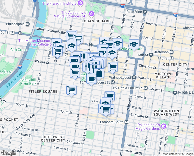 map of restaurants, bars, coffee shops, grocery stores, and more near 229 Chancellor Street in Philadelphia