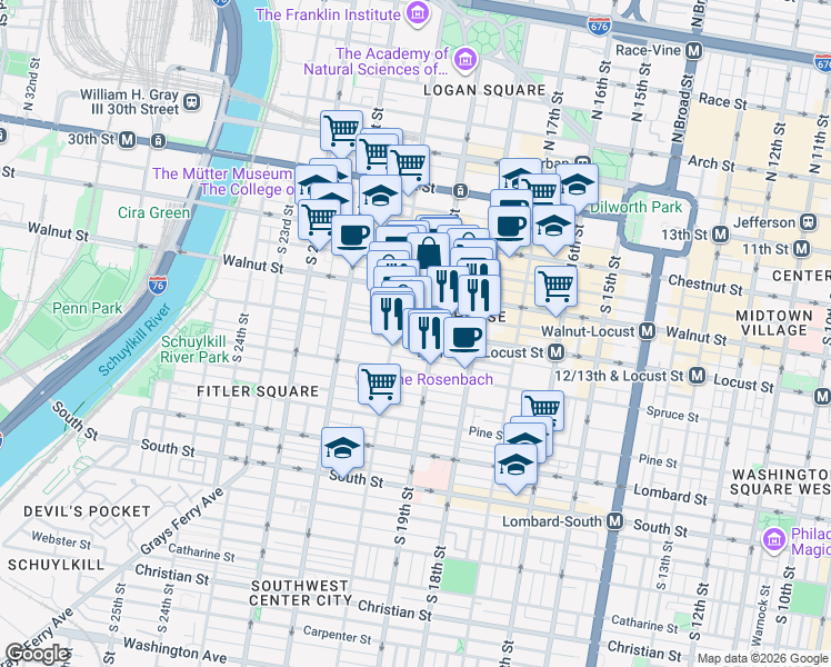 map of restaurants, bars, coffee shops, grocery stores, and more near in Philadelphia