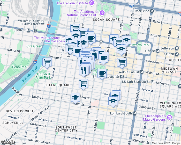 map of restaurants, bars, coffee shops, grocery stores, and more near 222 West Rittenhouse Square in Philadelphia