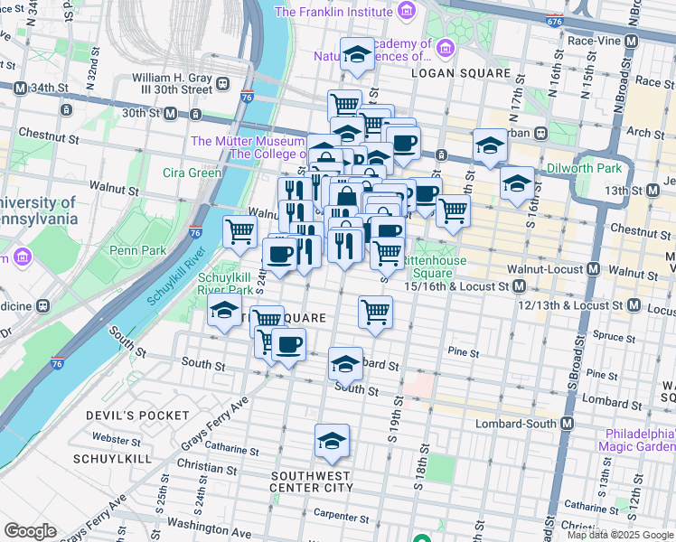 map of restaurants, bars, coffee shops, grocery stores, and more near 2122 Locust Street in Philadelphia