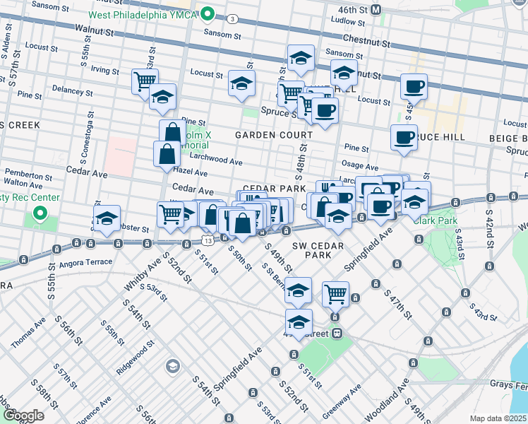 map of restaurants, bars, coffee shops, grocery stores, and more near 4836 Cedar Avenue in Philadelphia