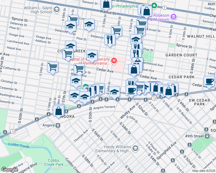 map of restaurants, bars, coffee shops, grocery stores, and more near 5401 Catharine Street in Philadelphia