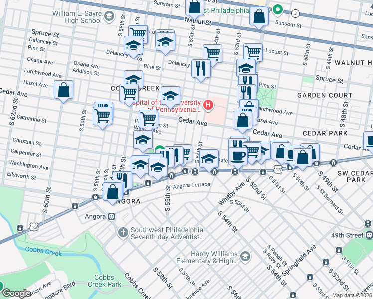 map of restaurants, bars, coffee shops, grocery stores, and more near 5448 Catharine Street in Philadelphia