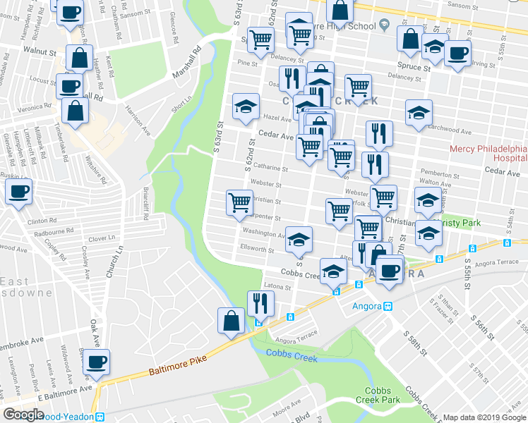 map of restaurants, bars, coffee shops, grocery stores, and more near 6112 Christian Street in Philadelphia