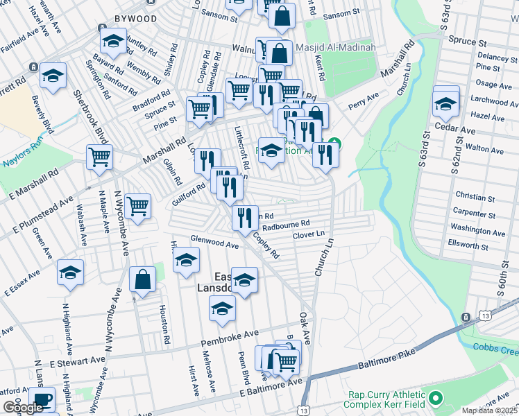 map of restaurants, bars, coffee shops, grocery stores, and more near 621 Littlecroft Road in Delaware County