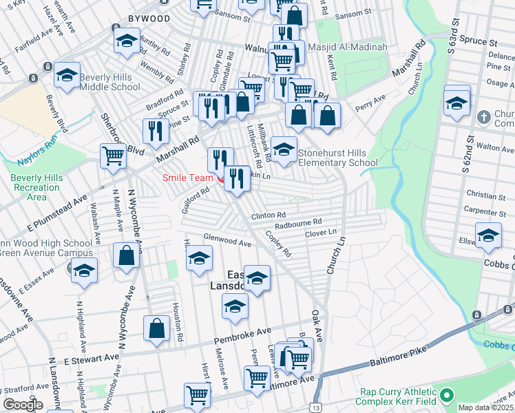 map of restaurants, bars, coffee shops, grocery stores, and more near 621 Littlecroft Road in Delaware County