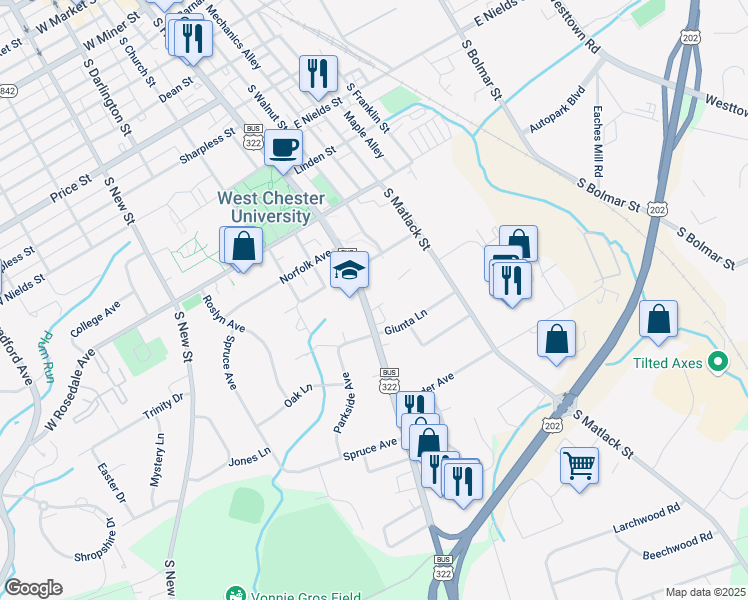 map of restaurants, bars, coffee shops, grocery stores, and more near 823 U.S. 322 Business in West Chester