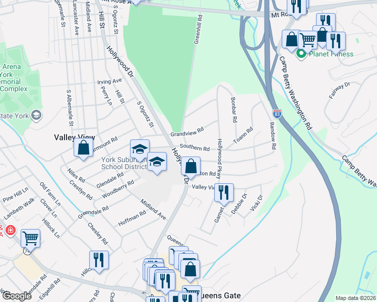 map of restaurants, bars, coffee shops, grocery stores, and more near 1049 Southern Road in York
