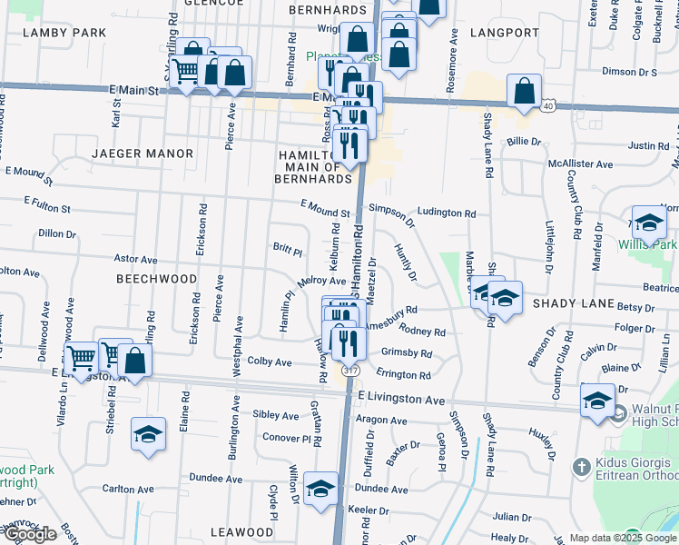 map of restaurants, bars, coffee shops, grocery stores, and more near 1247 South Hamilton Road in Columbus