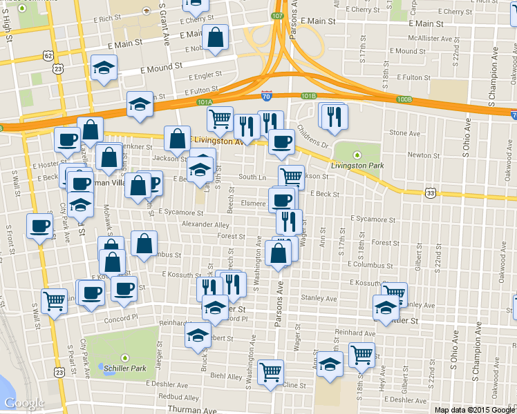 map of restaurants, bars, coffee shops, grocery stores, and more near 500 Elsmere Street in Columbus