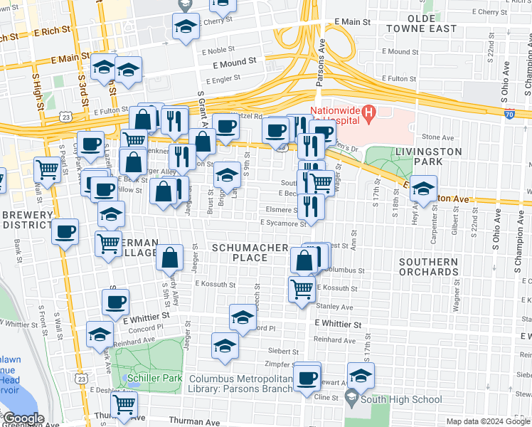 map of restaurants, bars, coffee shops, grocery stores, and more near 675 Beech Street in Columbus