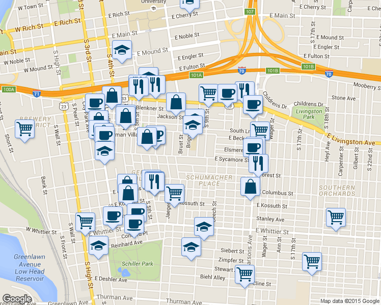 map of restaurants, bars, coffee shops, grocery stores, and more near 670 Lathrop Street in Columbus