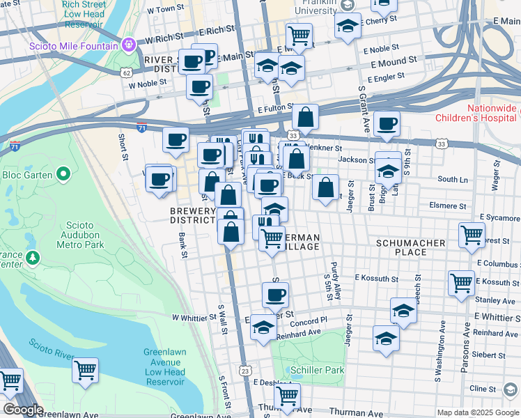 map of restaurants, bars, coffee shops, grocery stores, and more near 630 South 3rd Street in Columbus
