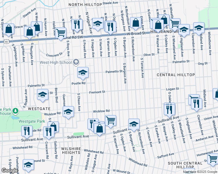 map of restaurants, bars, coffee shops, grocery stores, and more near 265 South Warren Avenue in Columbus