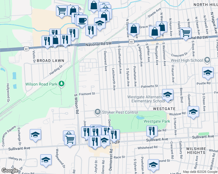 map of restaurants, bars, coffee shops, grocery stores, and more near 221 Letchworth Avenue in Columbus