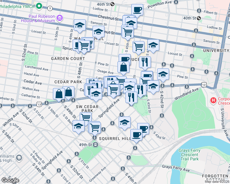 map of restaurants, bars, coffee shops, grocery stores, and more near 4517 Baltimore Avenue in Philadelphia