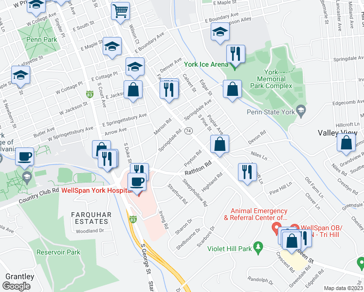 map of restaurants, bars, coffee shops, grocery stores, and more near 167 Irving Road in York