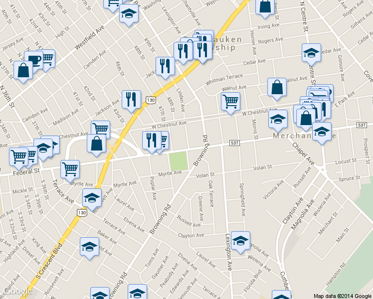 map of restaurants, bars, coffee shops, grocery stores, and more near Linden Ave in Merchantville
