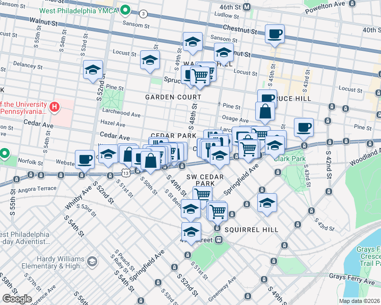 map of restaurants, bars, coffee shops, grocery stores, and more near 605 South 48th Street in Philadelphia