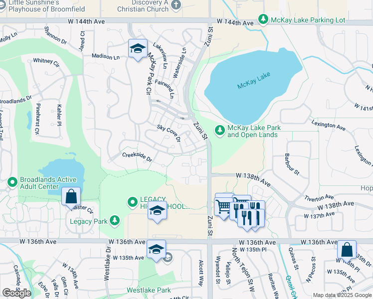 map of restaurants, bars, coffee shops, grocery stores, and more near 13944 Sky Cove Drive in Broomfield