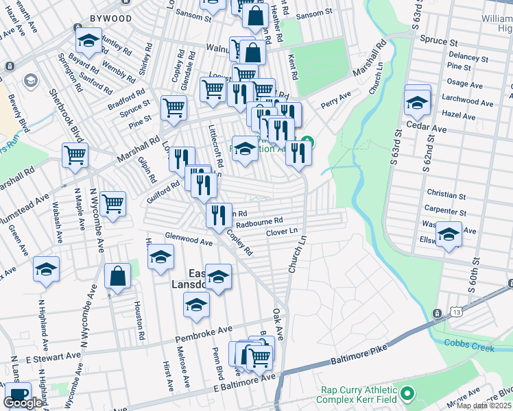 map of restaurants, bars, coffee shops, grocery stores, and more near 7006 Aberdeen Road in Upper Darby