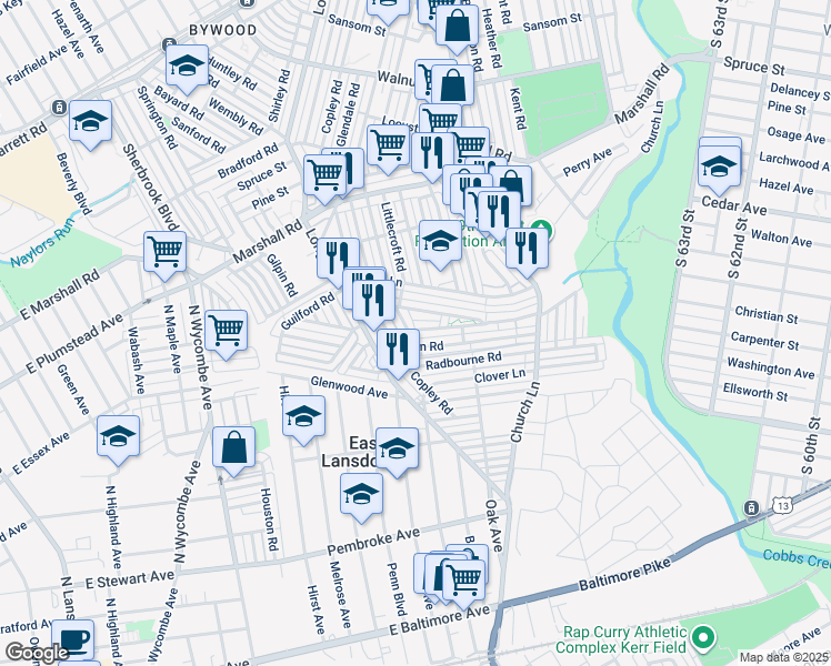 map of restaurants, bars, coffee shops, grocery stores, and more near 7058 Aberdeen Road in Upper Darby