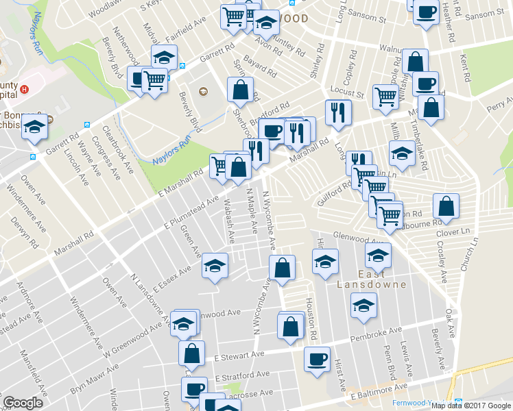 map of restaurants, bars, coffee shops, grocery stores, and more near 297 North Maple Avenue in Lansdowne