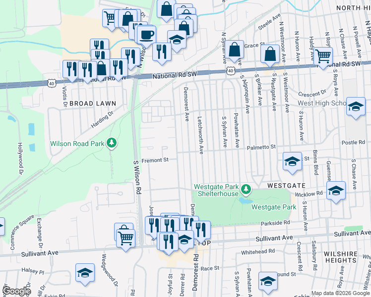map of restaurants, bars, coffee shops, grocery stores, and more near 220-222 Derrer Court South in Columbus