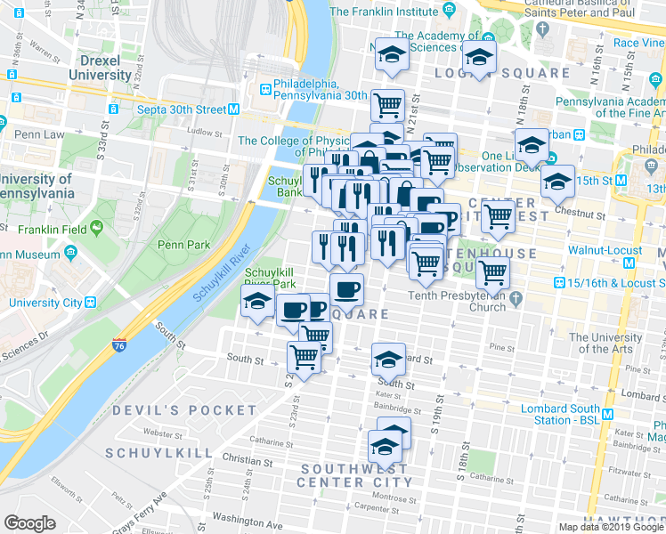 map of restaurants, bars, coffee shops, grocery stores, and more near 247 South 23rd Street in Philadelphia