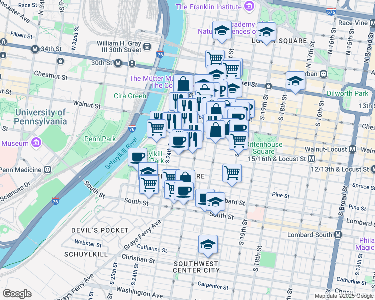 map of restaurants, bars, coffee shops, grocery stores, and more near 2216 Rittenhouse Square in Philadelphia