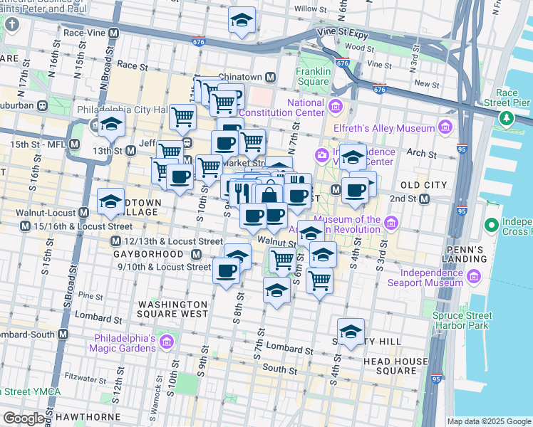 map of restaurants, bars, coffee shops, grocery stores, and more near 719 Chestnut Street in Philadelphia