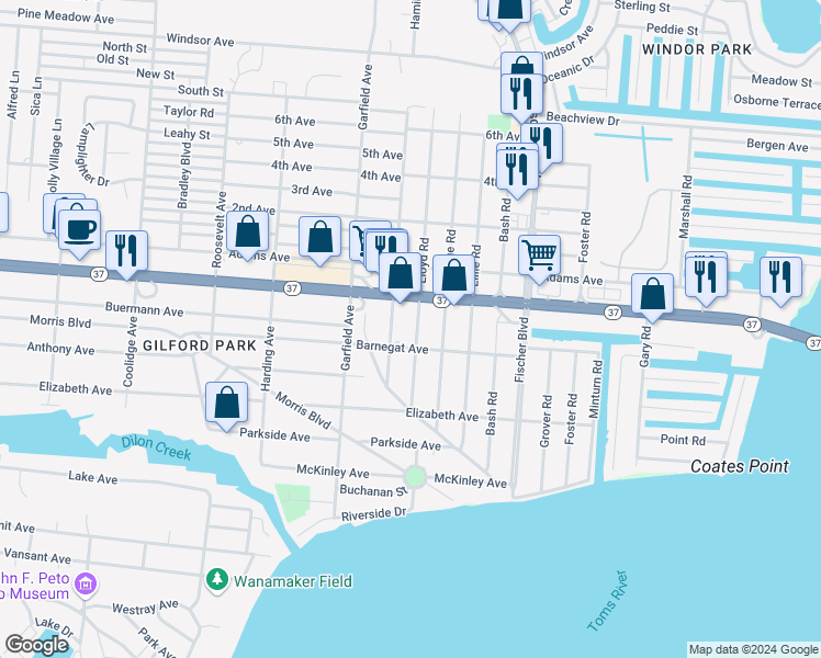 map of restaurants, bars, coffee shops, grocery stores, and more near 4 Lloyd Road in Toms River