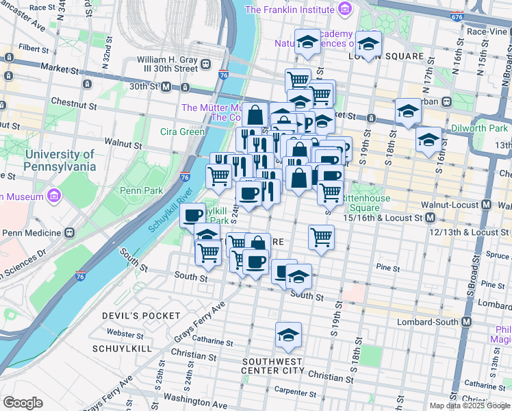 map of restaurants, bars, coffee shops, grocery stores, and more near 247 South 23rd Street in Philadelphia