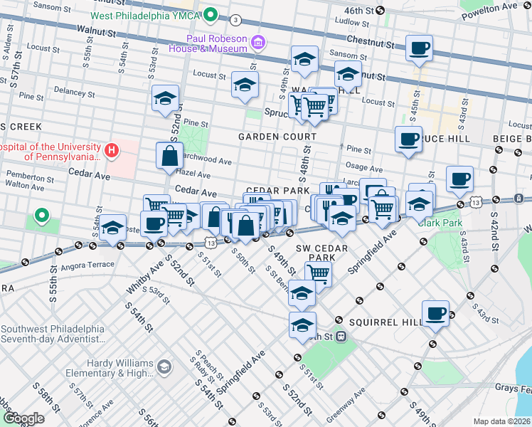 map of restaurants, bars, coffee shops, grocery stores, and more near 4836 Cedar Avenue in Philadelphia