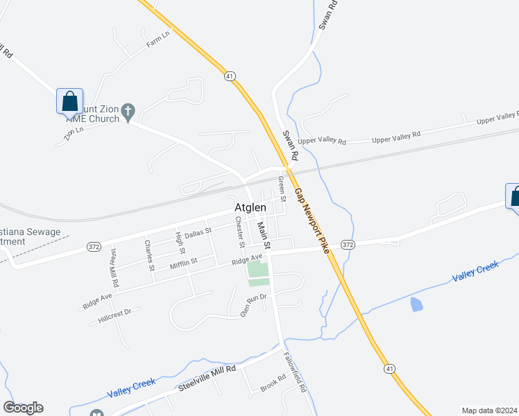 map of restaurants, bars, coffee shops, grocery stores, and more near 205 Main Street in Parkesburg