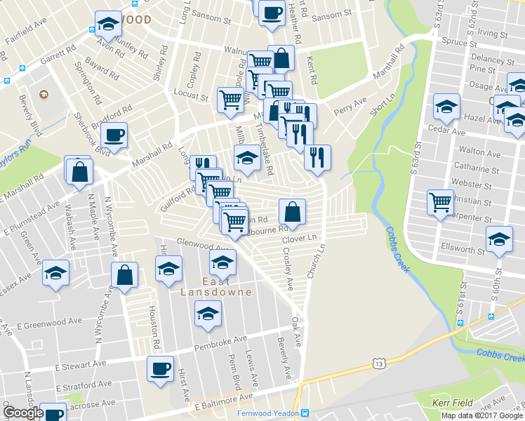 map of restaurants, bars, coffee shops, grocery stores, and more near 7028 Aberdeen Road in Upper Darby