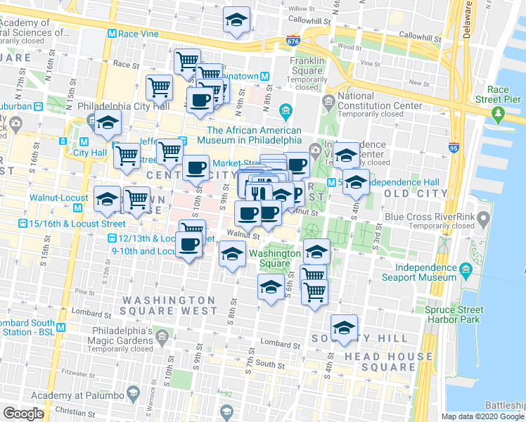 map of restaurants, bars, coffee shops, grocery stores, and more near 714 Chestnut Street in Philadelphia