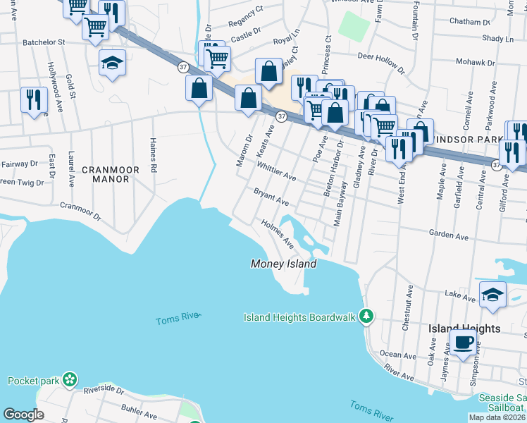map of restaurants, bars, coffee shops, grocery stores, and more near 92 Longfellow Avenue in Toms River
