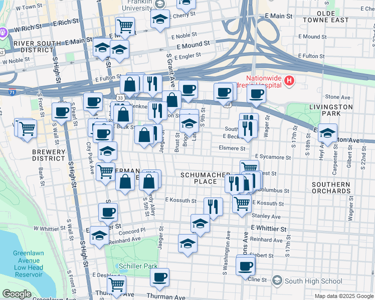 map of restaurants, bars, coffee shops, grocery stores, and more near 684 Briggs Street in Columbus