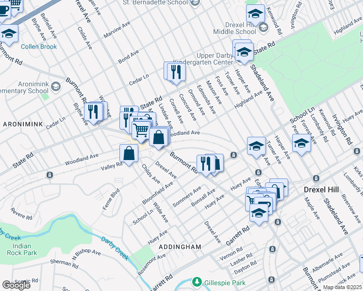 map of restaurants, bars, coffee shops, grocery stores, and more near 669 Ferne Boulevard in Drexel Hill