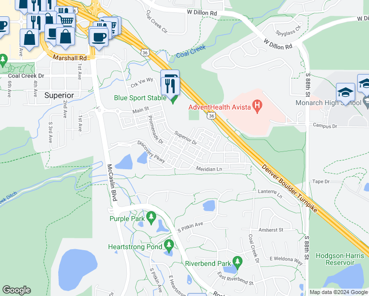 map of restaurants, bars, coffee shops, grocery stores, and more near 2320 Village Green Way in Superior