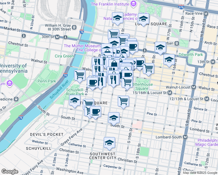 map of restaurants, bars, coffee shops, grocery stores, and more near 257 S Van Pelt St in Philadelphia