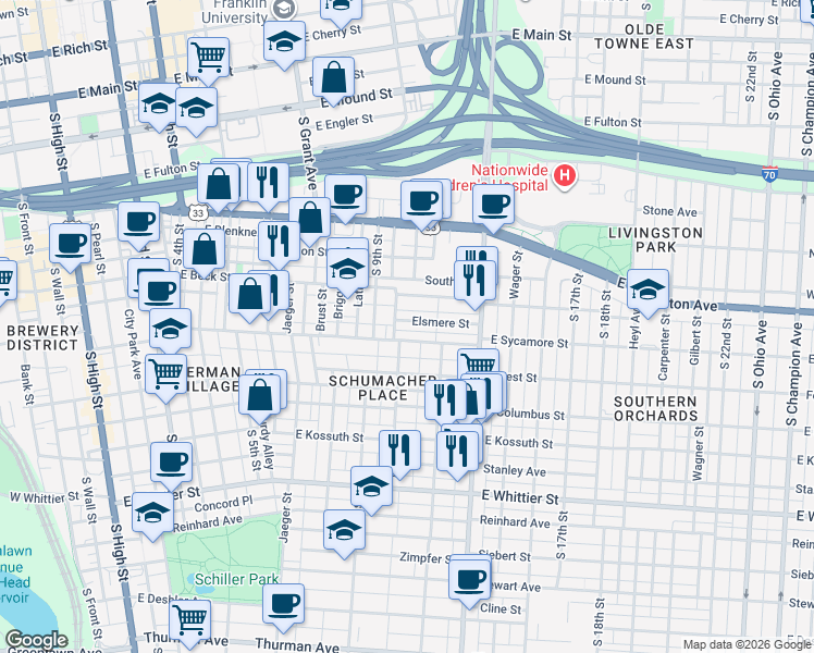 map of restaurants, bars, coffee shops, grocery stores, and more near 461 Elsmere Street in Columbus
