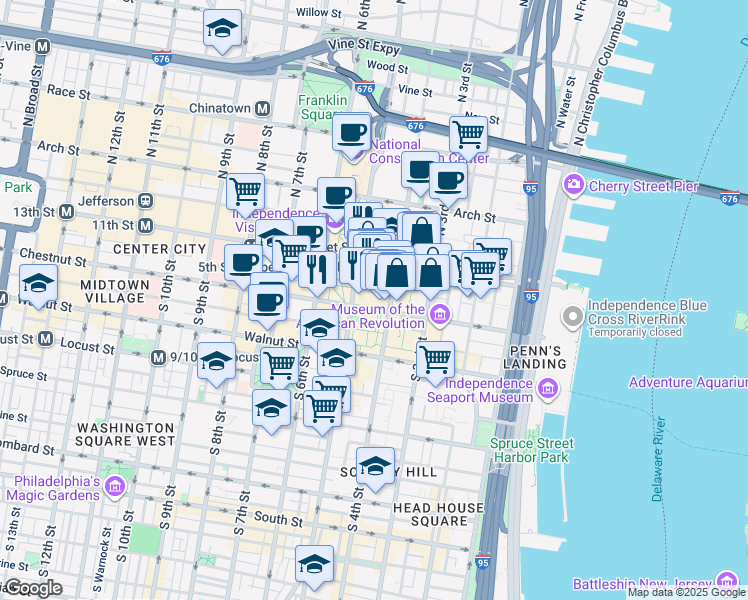map of restaurants, bars, coffee shops, grocery stores, and more near 421 Chestnut Street in Philadelphia