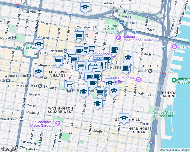 map of restaurants, bars, coffee shops, grocery stores, and more near 714 Chestnut Street in Philadelphia