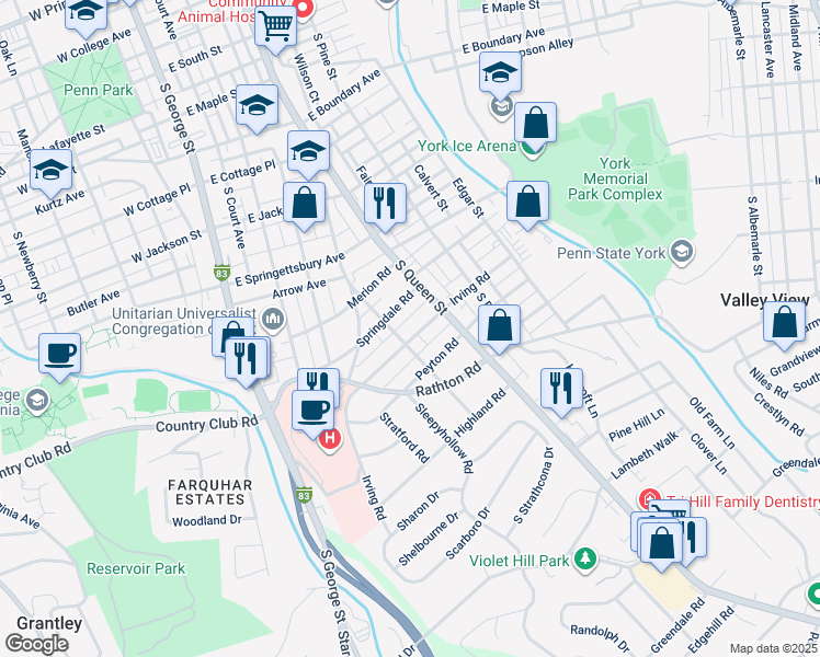 map of restaurants, bars, coffee shops, grocery stores, and more near 167 Irving Road in York