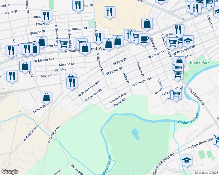 map of restaurants, bars, coffee shops, grocery stores, and more near 1398 West Princess Street in York